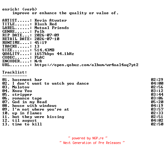 NFO for the release Kevin_Atwater-Blush_Red-24BIT-WEB-FLAC-2026-ENRiCH by ENRiCH