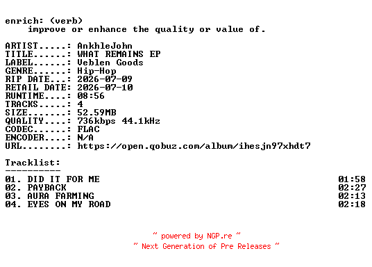 NFO for the release AnkhleJohn-WHAT_REMAINS_EP-16BIT-WEB-FLAC-2026-ENRiCH by ENRiCH