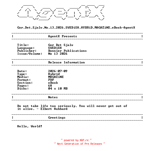 NFO for the release Gor.Det.Sjalv.No.13.2026.SWEDiSH.HYBRiD.MAGAZiNE.eBook-AgentX by AgentX
