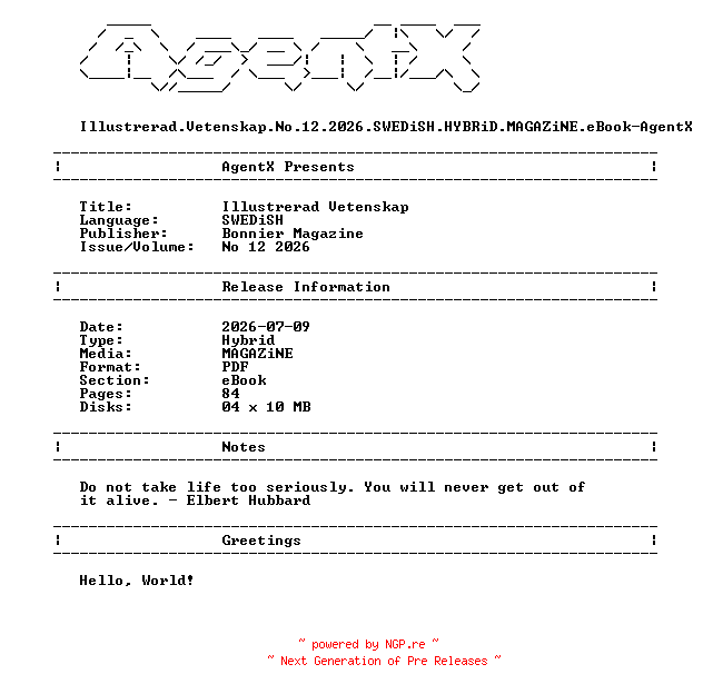 NFO for the release Illustrerad.Vetenskap.No.12.2026.SWEDiSH.HYBRiD.MAGAZiNE.eBook-AgentX by AgentX