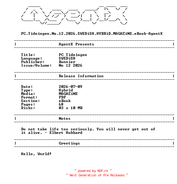 NFO for the release PC.Tidningen.No.12.2026.SWEDiSH.HYBRiD.MAGAZiNE.eBook-AgentX by AgentX