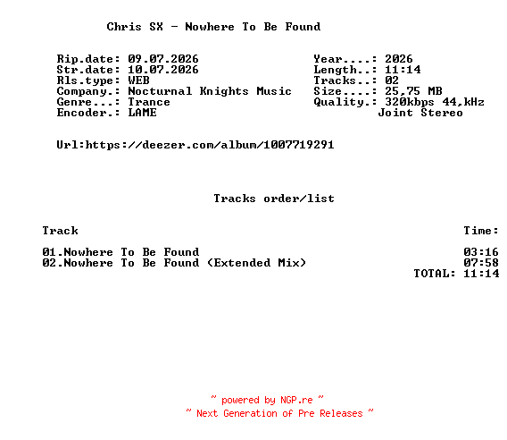 NFO for the release Chris_SX_-_Nowhere_To_Be_Found-(NK382)-WEB-2026-FMC by FMC