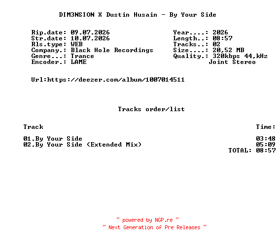 NFO for the release DIM3NSION_X_Dustin_Husain_-_By_Your_Side-(BH1760-0)-WEB-2026-FMC by FMC