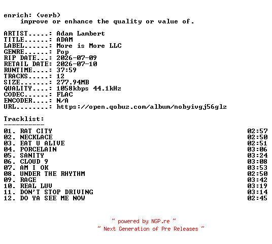 NFO for the release Adam_Lambert-ADAM-16BIT-WEB-FLAC-2026-ENRiCH by ENRiCH