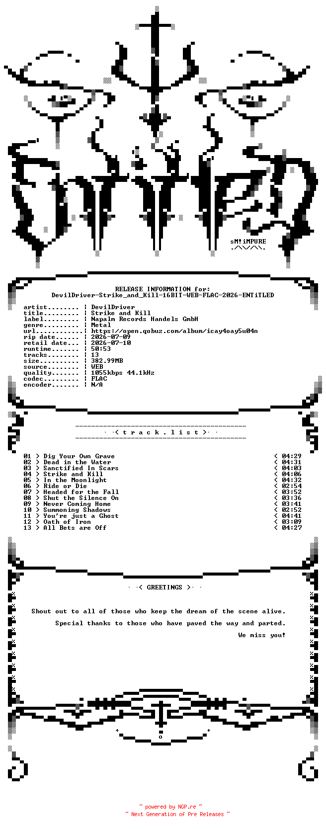 NFO for the release DevilDriver-Strike_and_Kill-16BIT-WEB-FLAC-2026-ENTiTLED by ENTiTLED