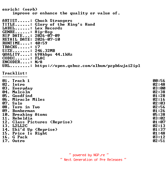 NFO for the release Chuck_Strangers-Glory_of_the_Kings_Hand-16BIT-WEB-FLAC-2026-ENRiCH by ENRiCH
