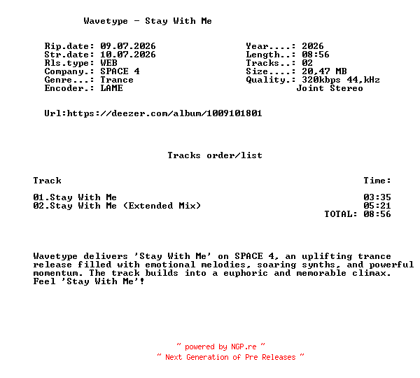 NFO for the release Wavetype_-_Stay_With_Me-(ISP066)-WEB-2026-FMC by FMC