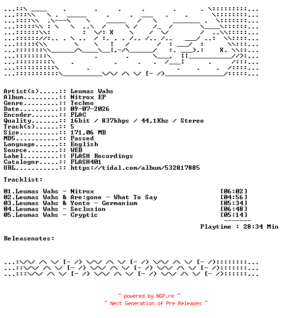 NFO for the release Leumas_Wahs-Nitrox_EP-FLASH401-16BIT-WEB-FLAC-2026-WAVED by WAVED