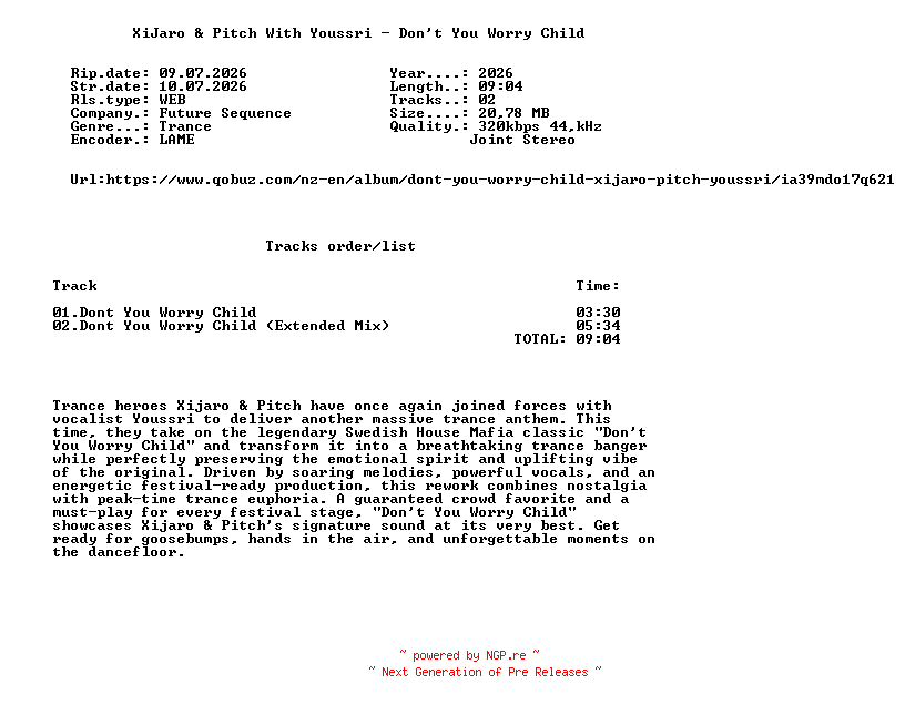 NFO for the release XiJaro_And_Pitch_With_Youssri_-_Dont_You_Worry_Child-(FS330)-WEB-2026-FMC by FMC