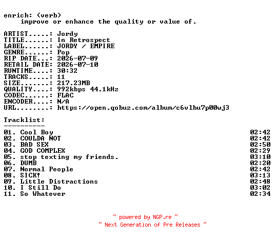NFO for the release Jordy-In_Retrospect-16BIT-WEB-FLAC-2026-ENRiCH by ENRiCH