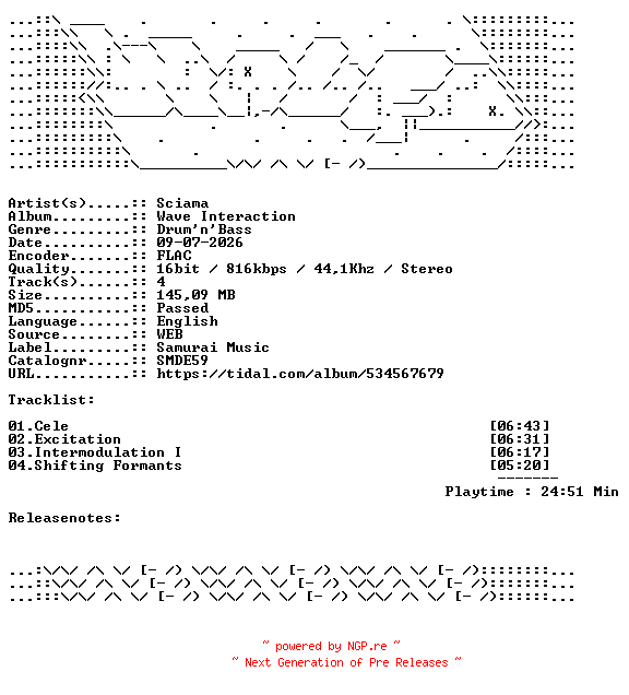 NFO for the release Sciama-Wave_Interaction-SMDE59-16BIT-WEB-FLAC-2026-WAVED by WAVED