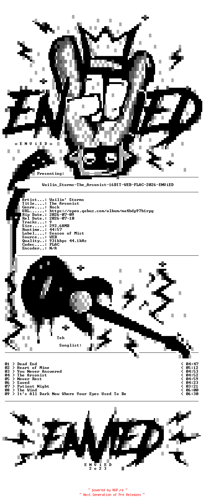 NFO for the release Wailin_Storms-The_Arsonist-16BIT-WEB-FLAC-2026-ENViED by ENViED