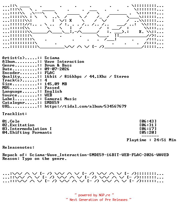 NFO for the release Sciama-Wave_Interaction-SMDE59-REPACK-16BIT-WEB-FLAC-2026-WAVED by WAVED