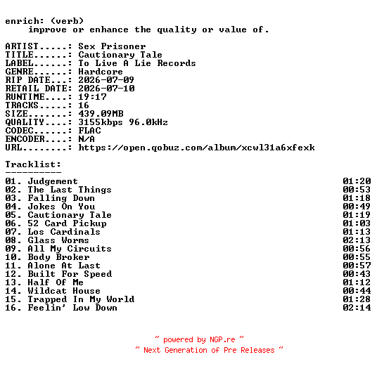 NFO for the release Sex_Prisoner-Cautionary_Tale-24BIT-WEB-FLAC-2026-ENRiCH by ENRiCH