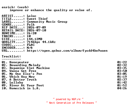 NFO for the release Luluc-Sweet_Thief-16BIT-WEB-FLAC-2026-ENRiCH by ENRiCH