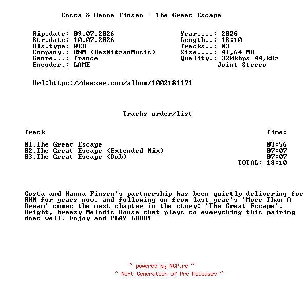NFO for the release Costa_And_Hanna_Finsen_-_The_Great_Escape-(RNMR410)-WEB-2026-FMC by FMC