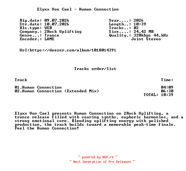 NFO for the release Elyxx_Von_Cael_-_Human_Connection-(2RU106)-WEB-2026-FMC by FMC
