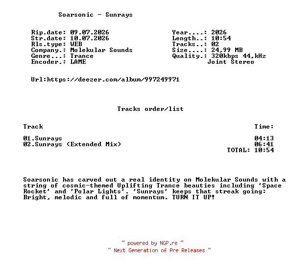 NFO for the release Soarsonic_-_Sunrays-(MOLSO225)-WEB-2026-FMC by FMC