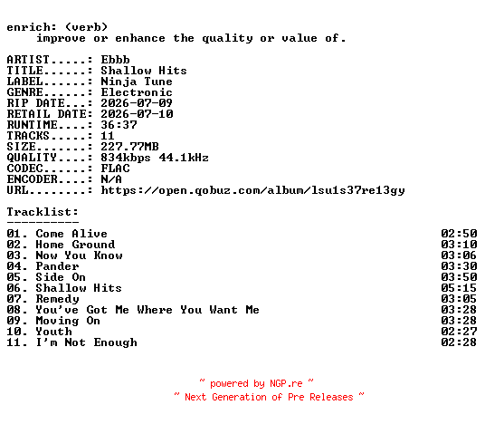 NFO for the release Ebbb-Shallow_Hits-16BIT-WEB-FLAC-2026-ENRiCH by ENRiCH