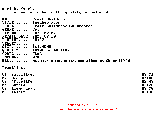NFO for the release Frost_Children-Tweaker_Poem-EP-16BIT-WEB-FLAC-2026-ENRiCH by ENRiCH