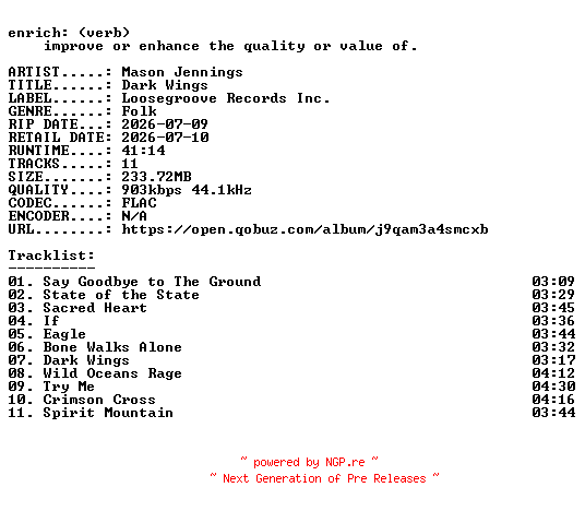 NFO for the release Mason_Jennings-Dark_Wings-16BIT-WEB-FLAC-2026-ENRiCH by ENRiCH