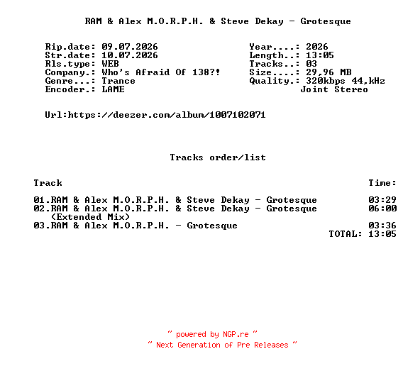 NFO for the release RAM_And_Alex_M.O.R.P.H._And_Steve_Dekay_-_Grotesque-(WAO138453)-WEB-2026-FMC by FMC