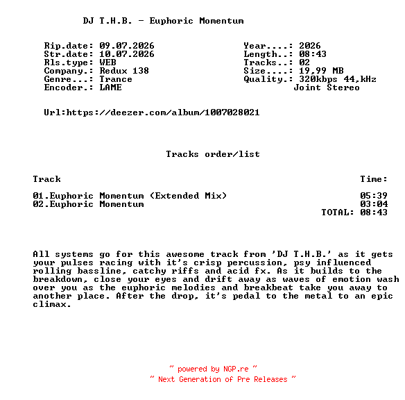 NFO for the release DJ_T.H.B._-_Euphoric_Momentum-(RDX138589)-WEB-2026-FMC by FMC