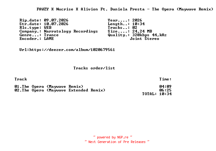 NFO for the release FAWZY_X_Nucrise_X_Alivion_Ft._Daniela_Presta_-_The_Opera_(Maywave_Remix)-(NARR049)-WEB-2026-FMC by FMC
