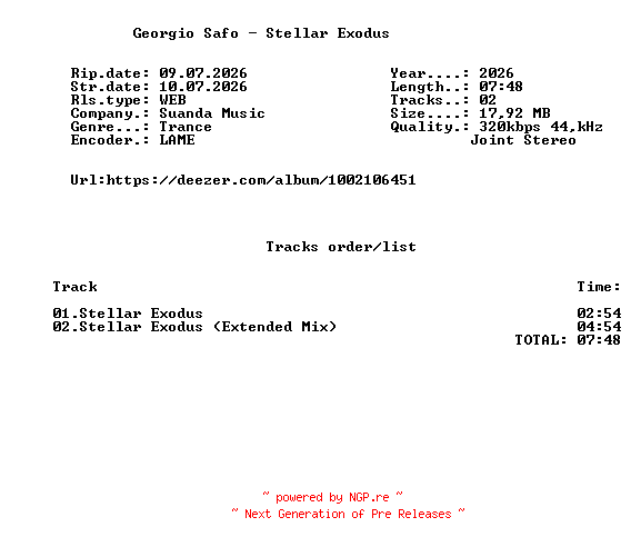 NFO for the release Georgio_Safo_-_Stellar_Exodus-(SND542)-WEB-2026-FMC by FMC