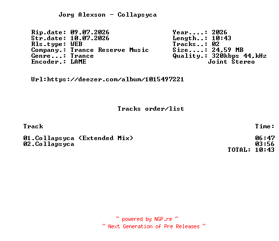 NFO for the release Jorg_Alexson_-_Collapsyca-(TRM109)-WEB-2026-FMC by FMC