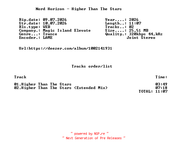 NFO for the release Nord_Horizon_-_Higher_Than_The_Stars-(ELEVATE137)-WEB-2026-FMC by FMC