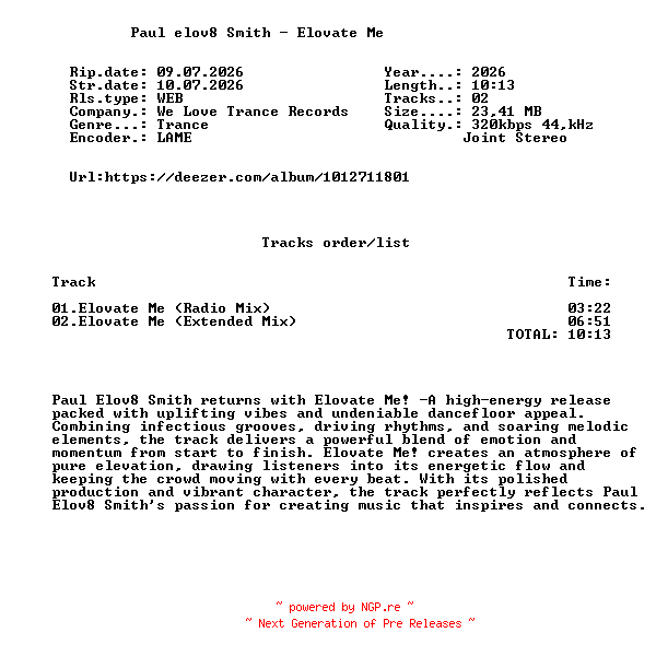 NFO for the release Paul_elov8_Smith_-_Elovate_Me-(WLT122)-WEB-2026-FMC by FMC