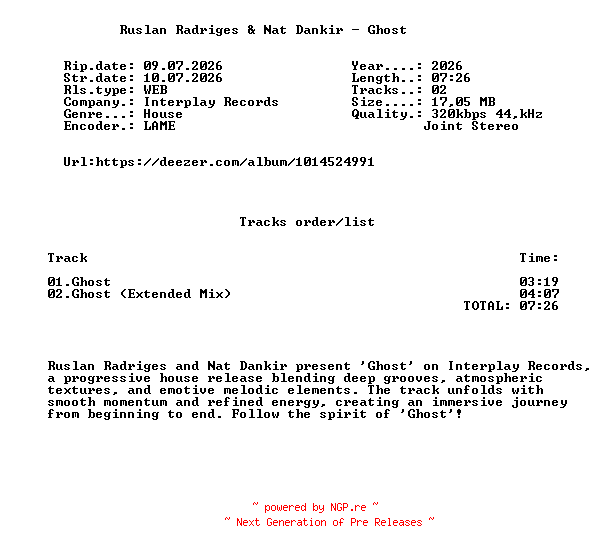 NFO for the release Ruslan_Radriges_And_Nat_Dankir_-_Ghost-(ITP553)-WEB-2026-FMC by FMC