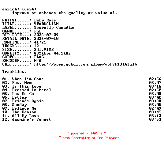 NFO for the release Baby_Rose-YEARNALISM-16BIT-WEB-FLAC-2026-ENRiCH by ENRiCH