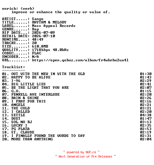 NFO for the release Sango-RHYTHM_and_MELODY-24BIT-WEB-FLAC-2026-ENRiCH by ENRiCH