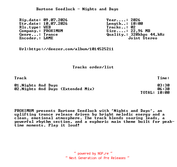 NFO for the release Bartone_Seedluck_-_Nights_And_Days-(PXM095)-WEB-2026-FMC by FMC