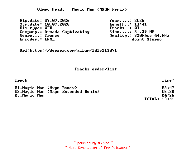 NFO for the release Olmec_Heads_-_Magic_Man_(MXGN_Remix)-(ARCV325)-WEB-2026-FMC by FMC