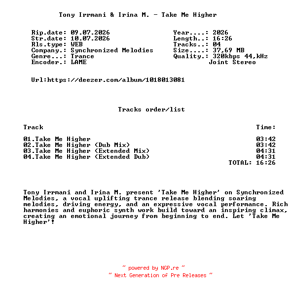 NFO for the release Tony_Irrmani_And_Irina_M._-_Take_Me_Higher-(SMEL172)-WEB-2026-FMC by FMC