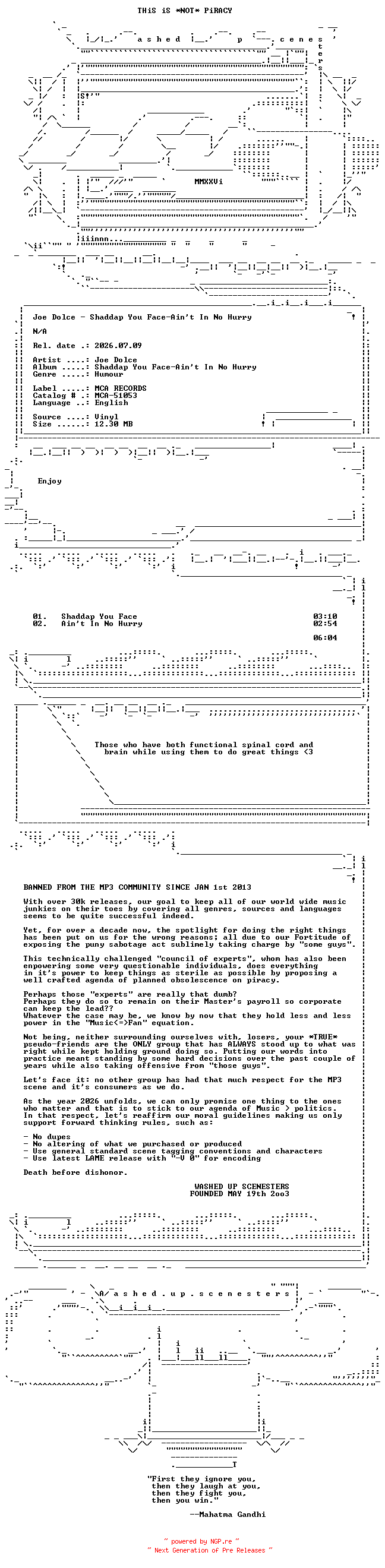 NFO for the release Joe_Dolce--Shaddap_You_Face-Ain_t_In_No_Hurry-VLS-1980-WUS by WUS