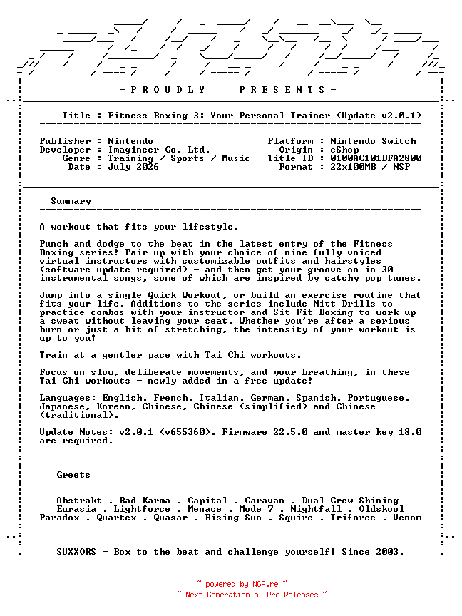 NFO for the release Fit_Boxing_3_Your_Personal_Trainer_Update_v2.0.1_NSW-SUXXORS by SUXXORS