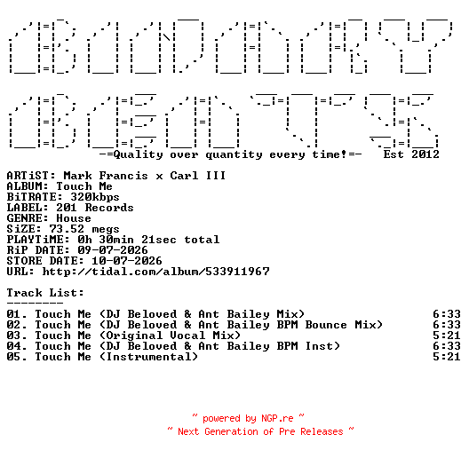 NFO for the release Mark_Francis_x_Carl_III-Touch_Me-(201REC066)-WEB-2026-BB by BB