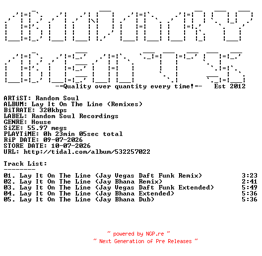 NFO for the release Random_Soul-Lay_It_On_The_Line_(Remixes)-(RSR104R)-WEB-2026-BB by BB