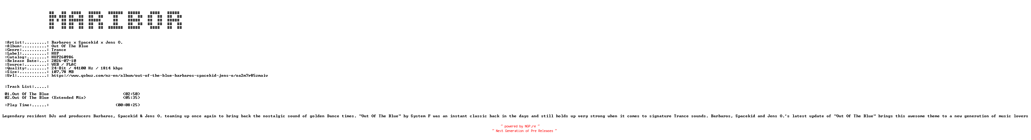 NFO for the release Barbaros_x_Spacekid_x_Jens_O.-Out_Of_The_Blue-(HUP260986)-24BIT-WEB-FLAC-2026-MARiBOR by MARiBOR