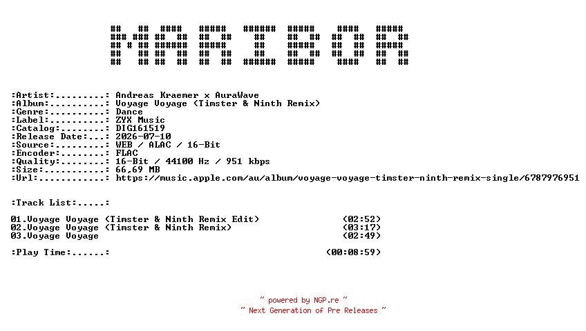 NFO for the release Andreas_Kraemer_x_AuraWave-Voyage_Voyage_(Timster_and_Ninth_Remix)-(DIG161519)-FR-16BIT-WEB-FLAC-2026-MARiBOR by MARiBOR