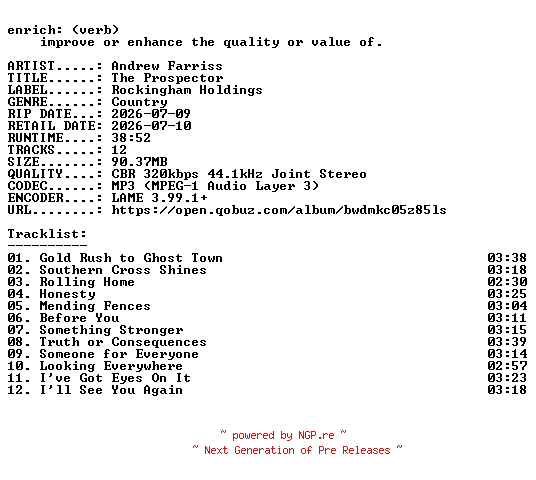 NFO for the release Andrew_Farriss-The_Prospector-WEB-2026-ENRiCH by ENRiCH