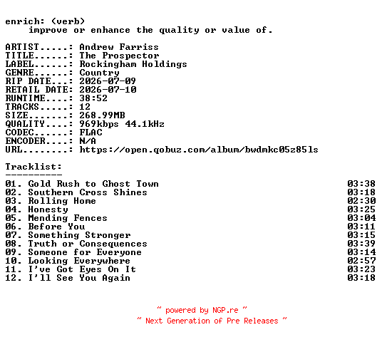 NFO for the release Andrew_Farriss-The_Prospector-16BIT-WEB-FLAC-2026-ENRiCH by ENRiCH