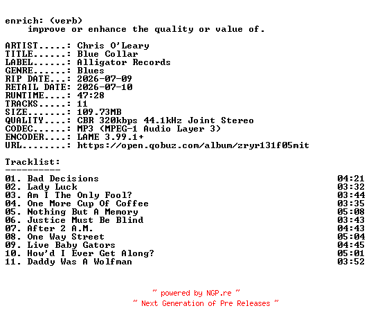 NFO for the release Chris_OLeary-Blue_Collar-WEB-2026-ENRiCH by ENRiCH