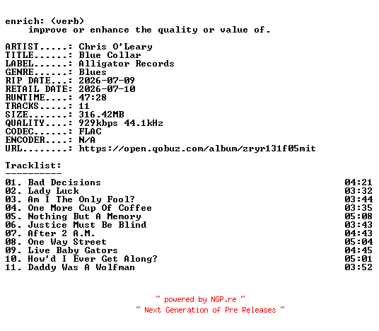 NFO for the release Chris_OLeary-Blue_Collar-16BIT-WEB-FLAC-2026-ENRiCH by ENRiCH