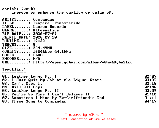 NFO for the release Compandas-Tropical_Finasteride-24BIT-WEB-FLAC-2026-ENRiCH by ENRiCH
