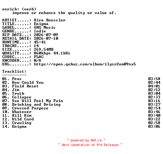 NFO for the release Kira_Roessler-Enigma-16BIT-WEB-FLAC-2026-ENRiCH by ENRiCH